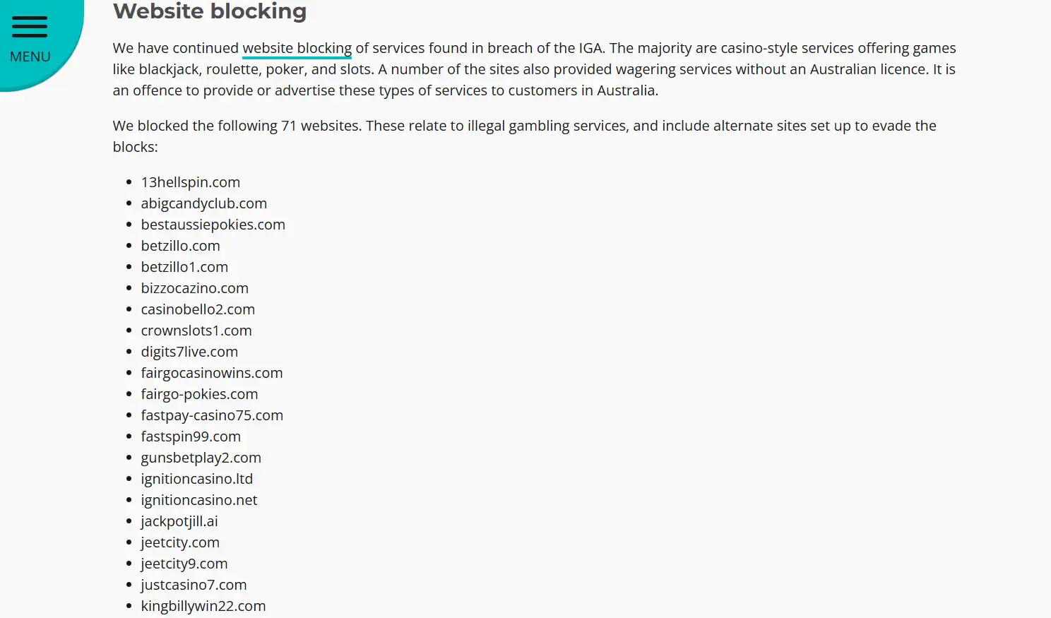 ACMA gambling enforcement page showing blocked online gambling websites relevant to JeetCity
