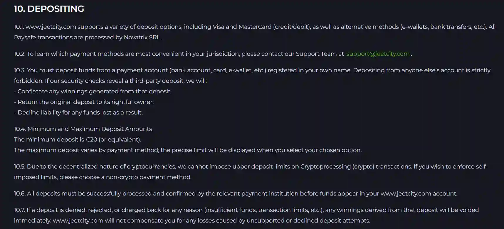 JeetCity payment area with deposit choices and account funding options