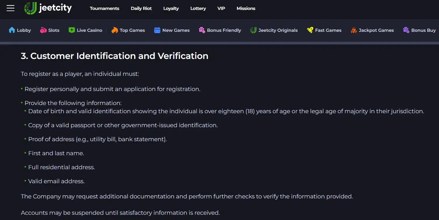 JeetCity account verification information showing registration and identity-check requirements