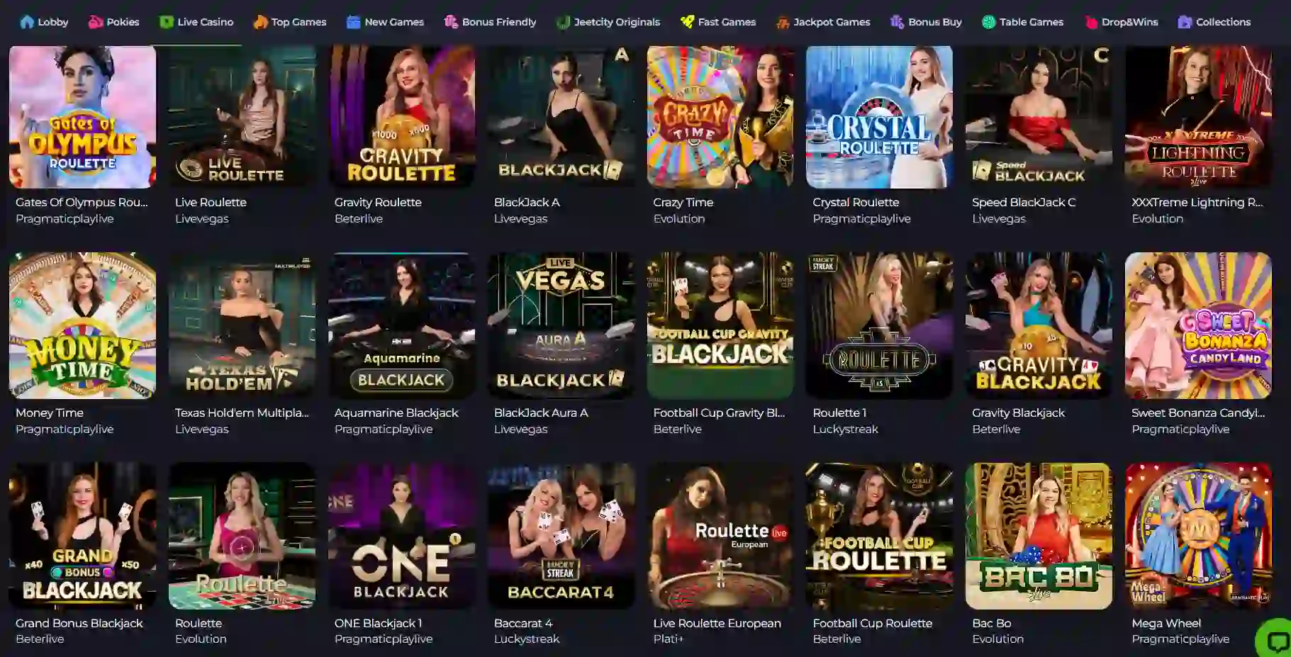 JeetCity live casino lobby showing dealer tables, roulette, blackjack and game-show titles