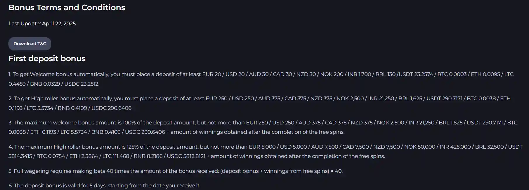 JeetCity welcome bonus terms showing the Australian dollar deposit levels and free-spin offer