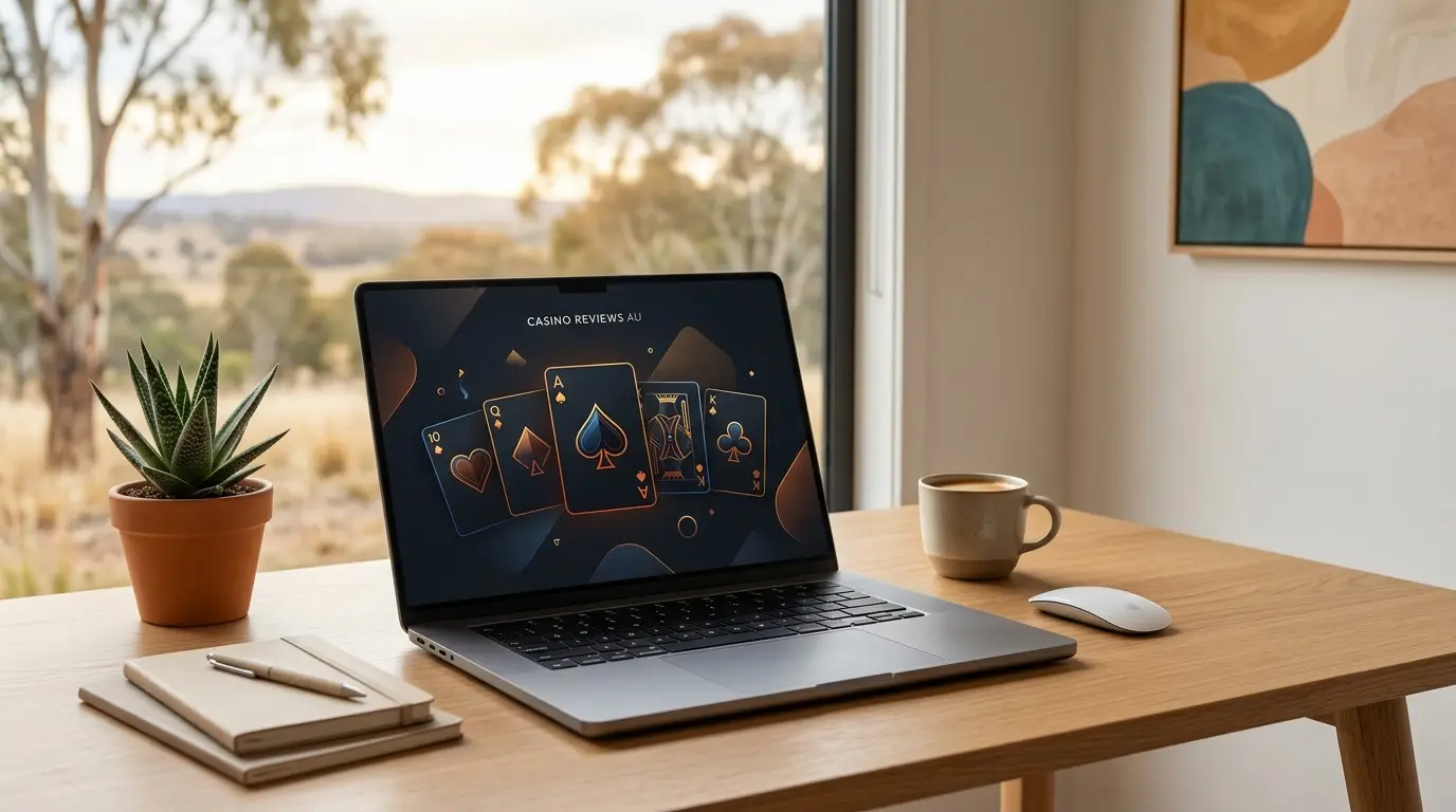 Laptop displaying an online casino comparison page with subtle Australian visual details